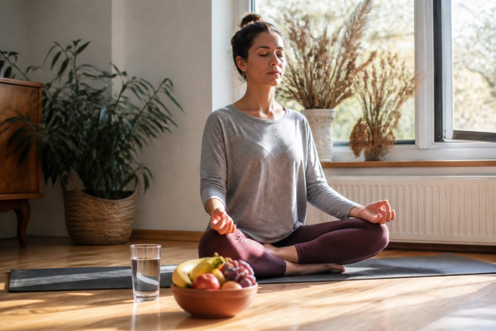 A calm adult sitting cross-legged on a yoga mat near a window with natural light, eyes closed in a relaxed meditation pose, with a glass of water and a bowl of fresh fruit on the floor beside them