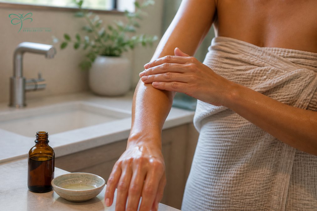 A close-up of a woman's hands pressing golden jojoba oil into her damp forearm in a softly lit bathroom, with a small amber glass bottle and a ceramic dish on the counter beside her