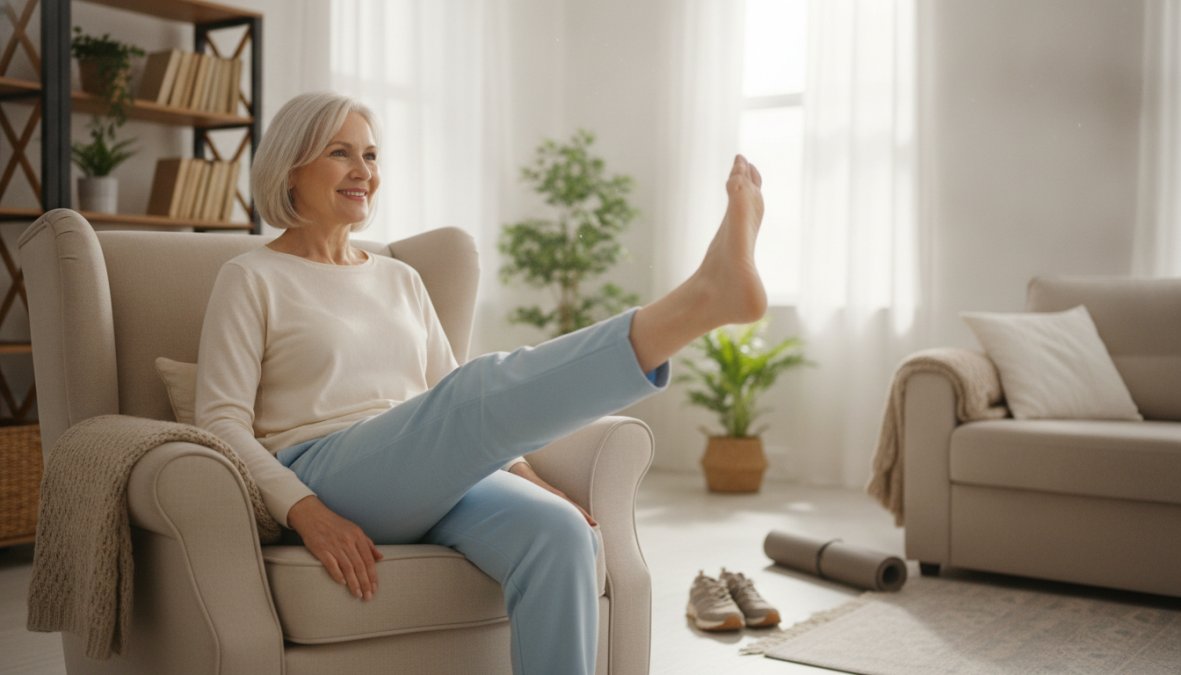 Person performing a gentle seated leg lift in a bright home setting with proper posture, demonstrating low-impact circulation improvement