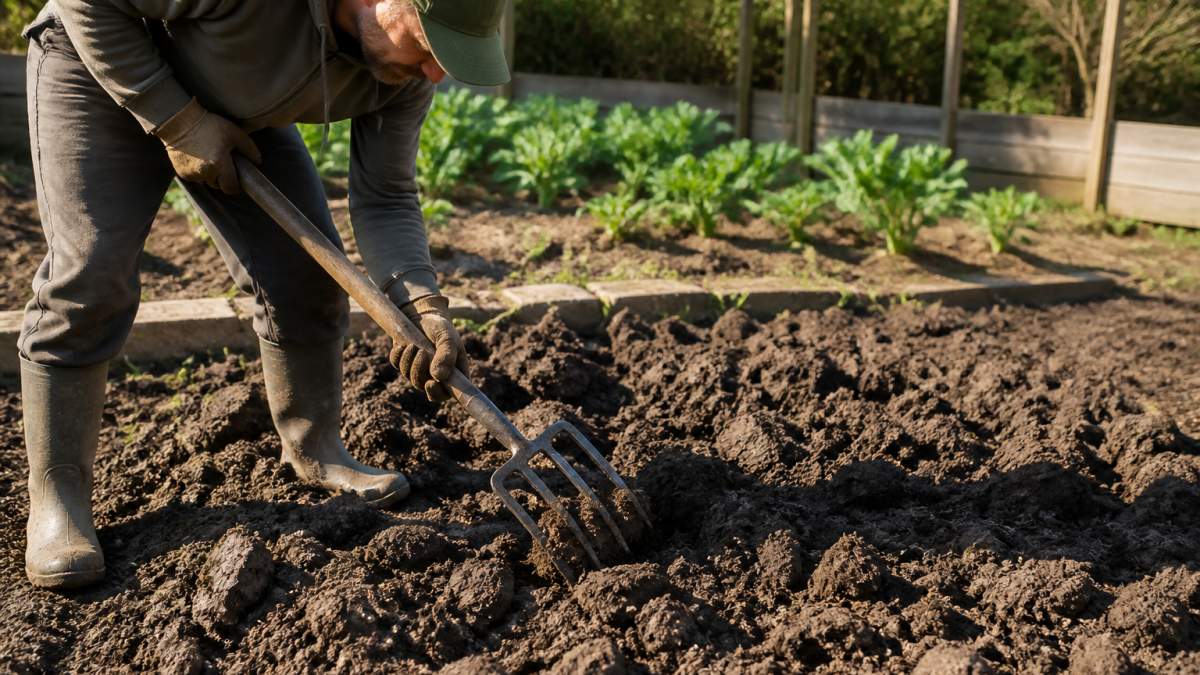 Diagram illustrating the step-by-step process of using a digging fork to loosen compacted clay garden soil