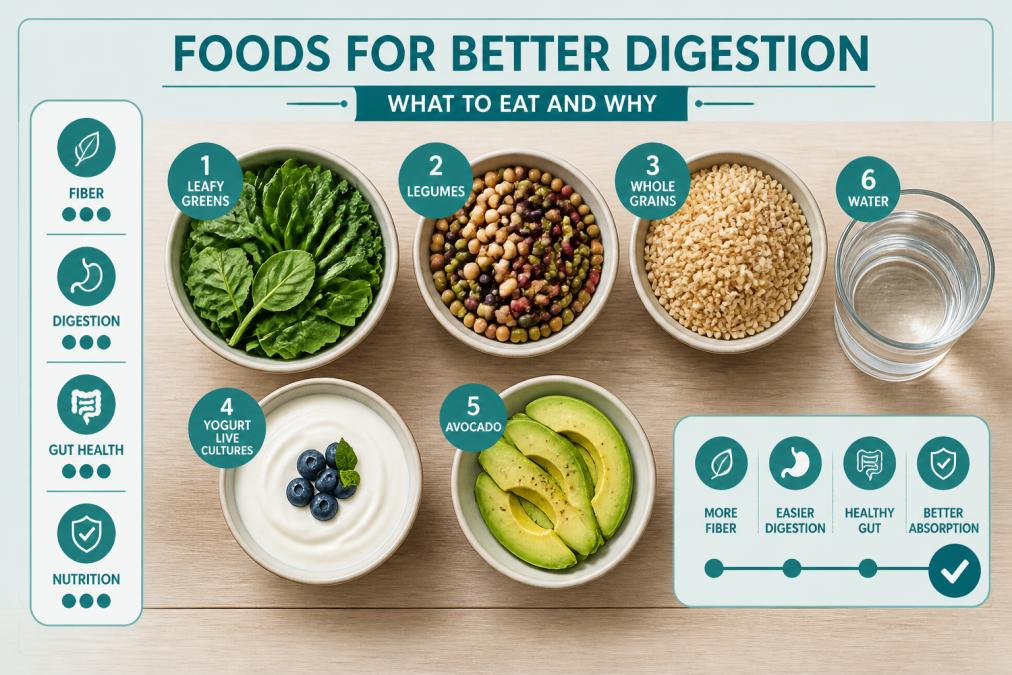 Overhead flat-lay of a wooden table with bowls of high-fiber whole foods including leafy greens, legumes, whole grains, a small bowl of yogurt with live cultures, avocado slices, and a glass of water in warm natural light