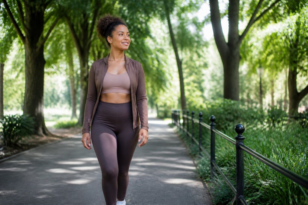 A person in comfortable activewear taking a relaxed walk on a tree-lined path outdoors after a meal on a sunny afternoon, looking relaxed and comfortable, suggesting gentle post-meal movement as a digestive aid