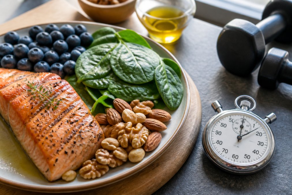 Close-up of a colorful plate featuring grilled salmon fillet, fresh blueberries, dark leafy spinach, mixed nuts, and drizzle of olive oil on a wooden serving board with natural window lighting