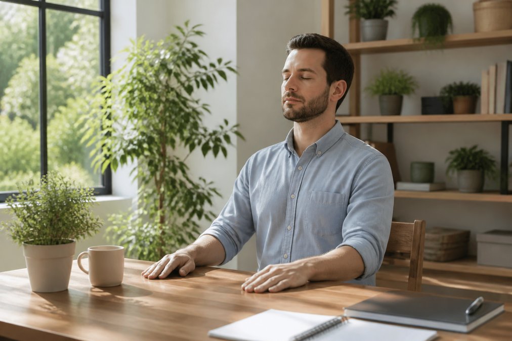 Person sitting upright at a wooden desk in a bright, naturally-lit home office, eyes gently closed in meditation posture with hands resting on the desk surface