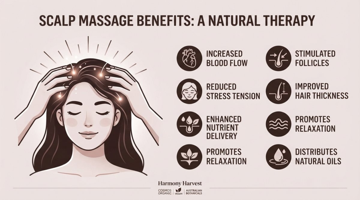Person performing gentle scalp massage with fingertips on their head, showing relaxed facial expression and mindful hand placement in natural light