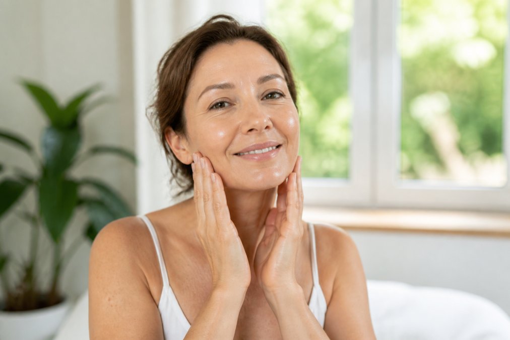 Diagram demonstrating a facial massage technique for firming the cheeks and jawline during a daily skincare routine