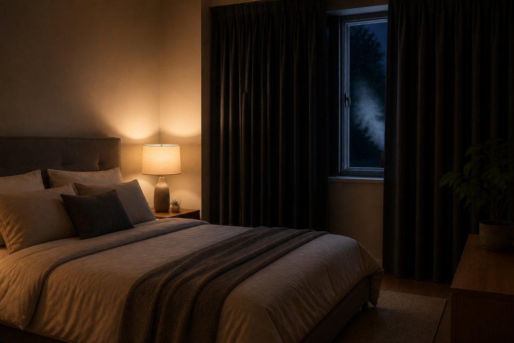 A calm bedroom at night with soft warm lighting from a bedside lamp, blackout curtains fully drawn, cool air visible through a slightly open window, and a neatly made bed with comfortable pillows and soft linens