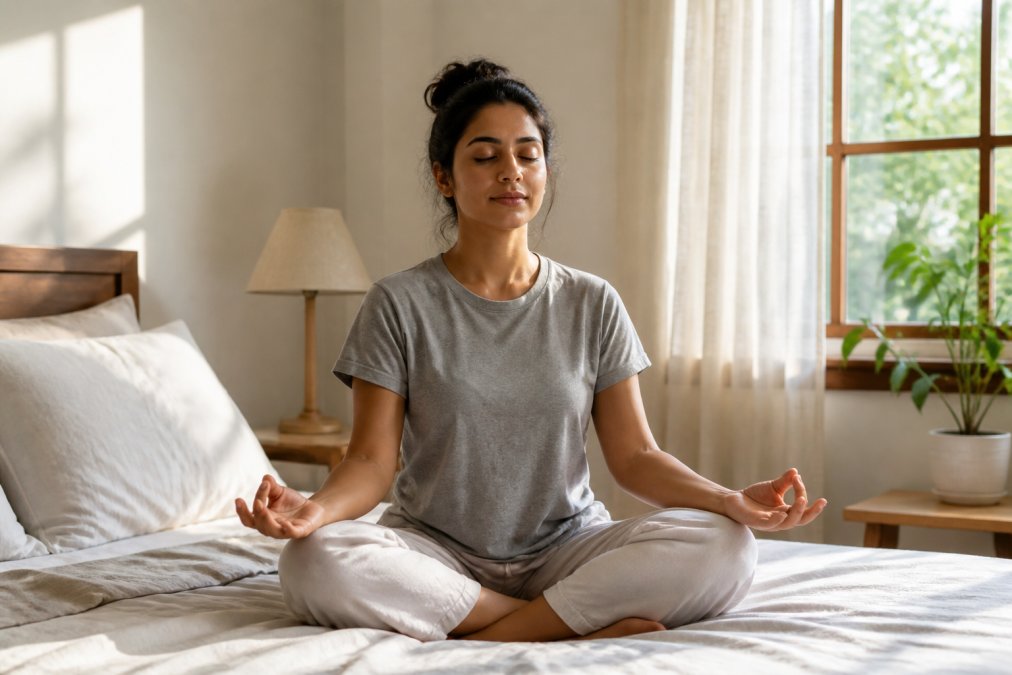 A person sitting cross-legged on a bed in soft morning light coming through a window, eyes gently closed, hands resting on their knees in a peaceful meditation posture, with a calm expression