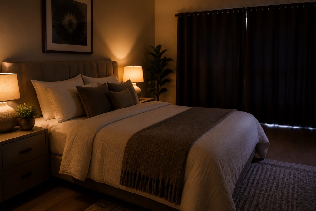 A calm, dimly lit bedroom with soft neutral bedding, blackout curtains drawn, a small potted plant on the nightstand, and warm amber lighting casting a gentle glow across the room