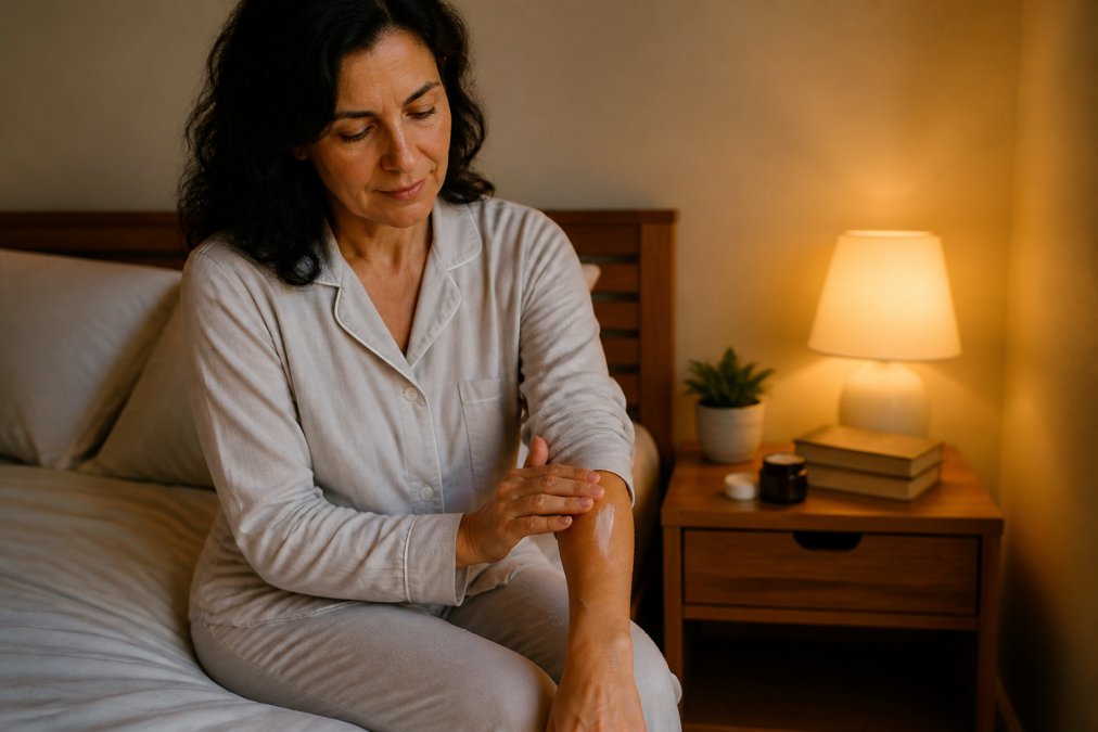 A person sitting on the edge of a bed in soft pajamas, gently applying cream to their forearm in a low-lit bedroom with a warm bedside lamp, books on the nightstand, and a calm, unhurried atmosphere