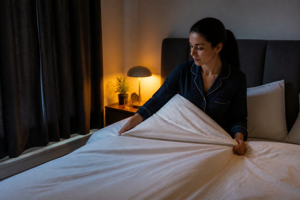 A calm, tidy bedroom at dusk with blackout curtains drawn, a person in comfortable pajamas pulling back a crisp white duvet, and a dim amber light glowing on the nightstand