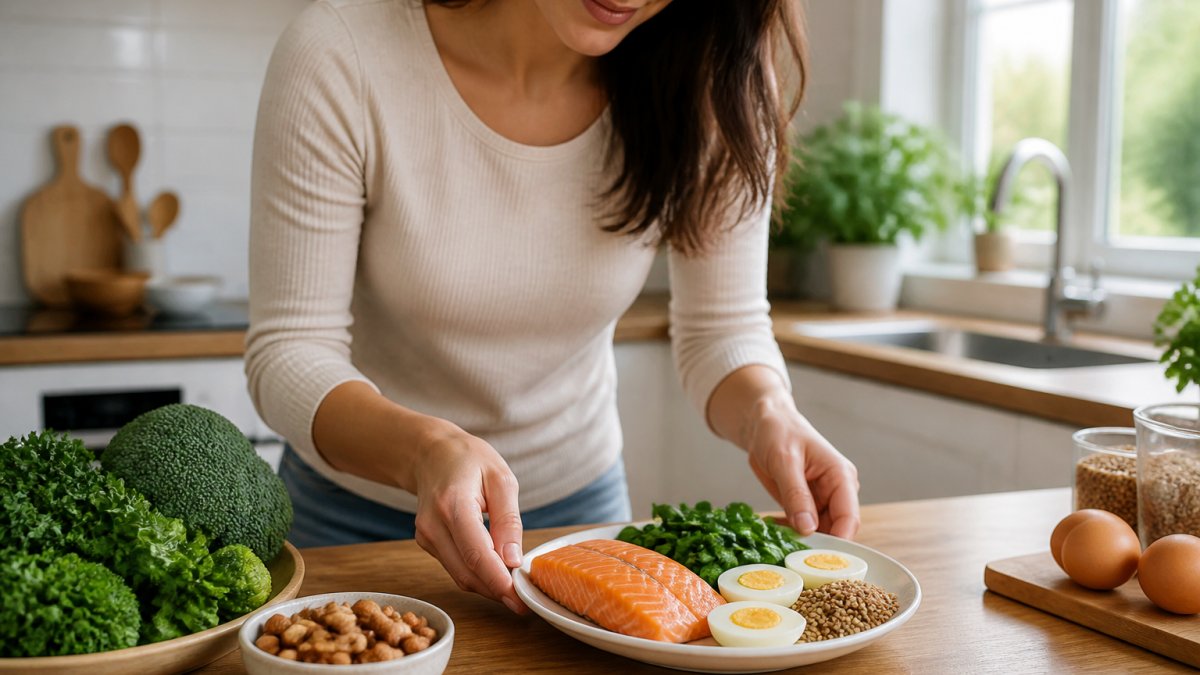 Woman arranging a plate of salmon, leafy greens, eggs, and whole grains in a bright kitchen
