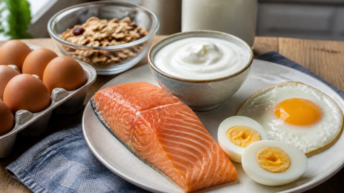 Close-up of a colorful plate with salmon fillet, farm eggs, Greek yogurt, and fortified cereals arranged to show variety of B12 food sources in natural kitchen lighting
