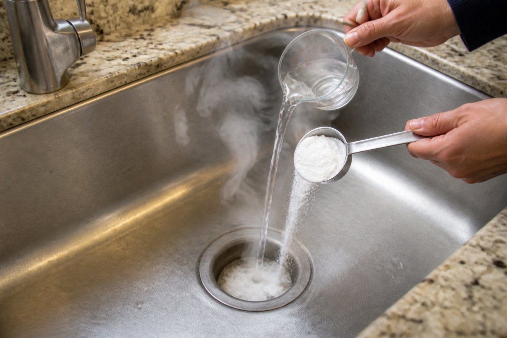 Close-up of baking soda and white vinegar being poured down a kitchen drain with steam rising, showing the effervescent reaction in action