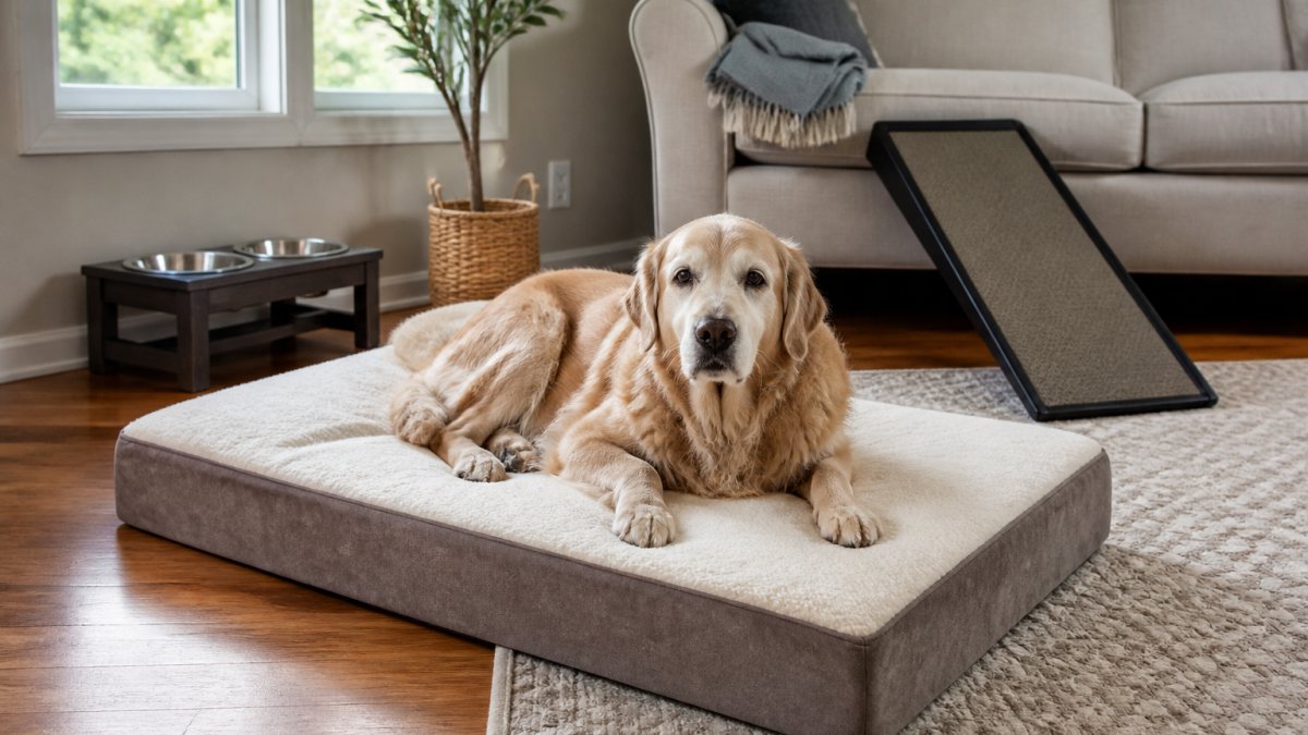 Senior dog resting comfortably on a memory foam orthopedic bed in a bright living room with non-slip rugs visible on hardwood floors, a ramp leading to the couch, and elevated food bowls in the background