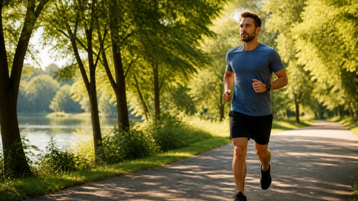 A person jogging calmly along a sunny, tree-lined path in a park to relieve stress through physical activity
