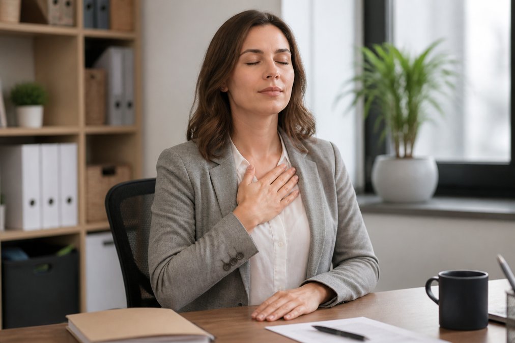 A professional woman sitting at her office desk with her eyes closed, gently pressing one hand to her chest, taking a mindful deep breath with a calm expression