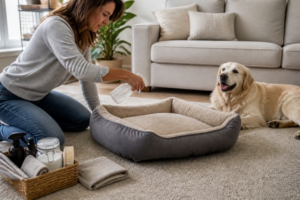 Pet owner spraying a natural odor neutralizer on a dog bed in a bright, sunlit living room with a resting dog