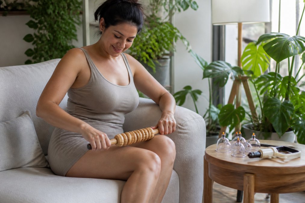 A woman in comfortable loungewear using a handheld wooden massage stick on her thigh in a bright, plant-filled living room, with a cupping kit device resting on a nearby side table
