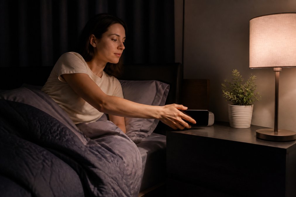 Person turning off their phone on a nightstand to fix a sleep schedule and reduce fatigue