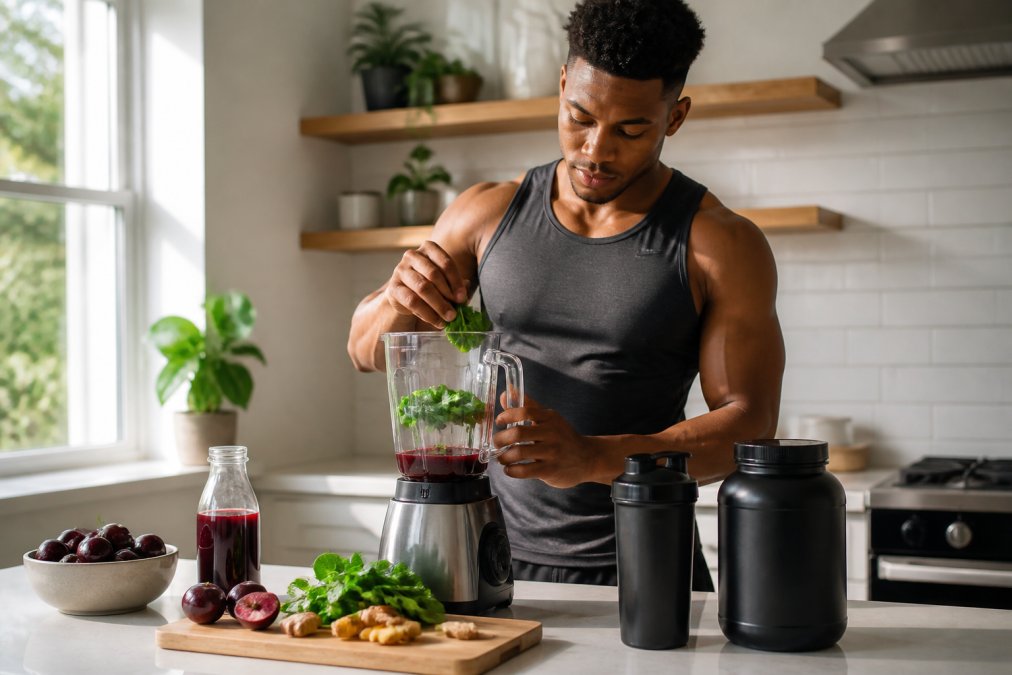 A plant-based athlete standing at a bright kitchen counter blending a post-workout smoothie with tart cherry juice, fresh turmeric root, and leafy greens, with a shaker bottle and supplement container visible nearby, morning light coming through a window