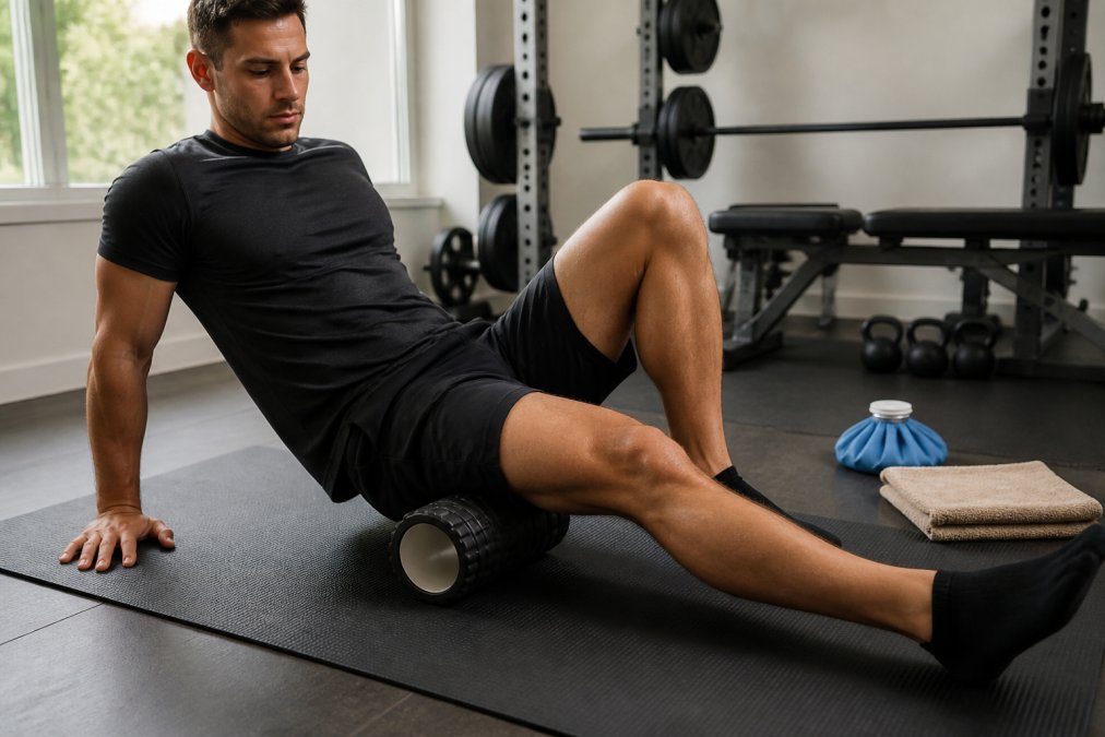 A fit person using a foam roller on their quadriceps on a gym mat in a clean home gym, with an ice pack and a folded warm towel visible in the background, natural daylight from a side window