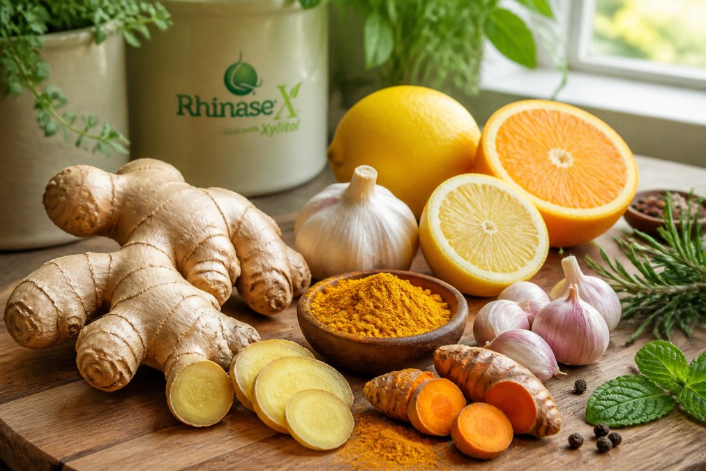 Fresh ginger, turmeric, garlic, and citrus on a board to help reduce sinus inflammation naturally