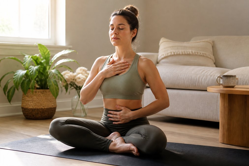 Woman practicing deep breathing in a sunlit living room to reduce stress while sitting on a yoga mat.