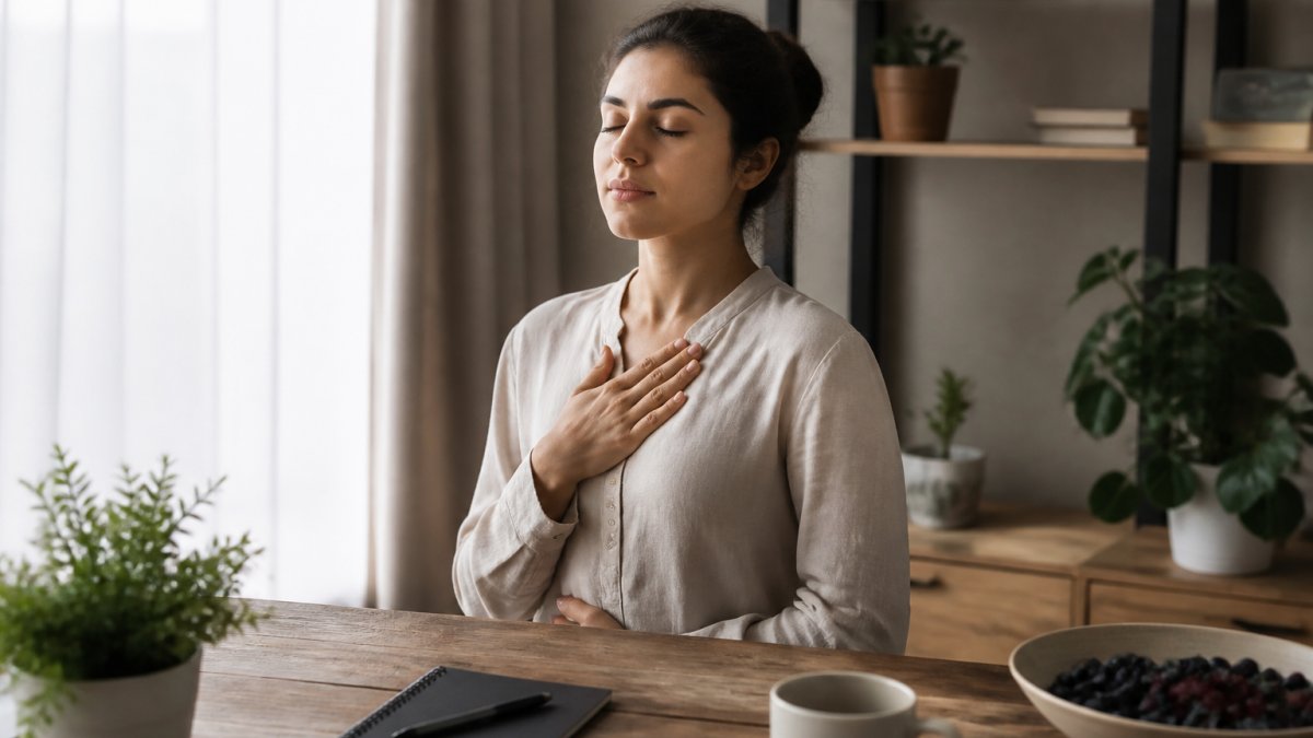 A person sitting at a desk with eyes closed, practicing deep breathing with one hand on their chest, in a calm office setting with soft natural light