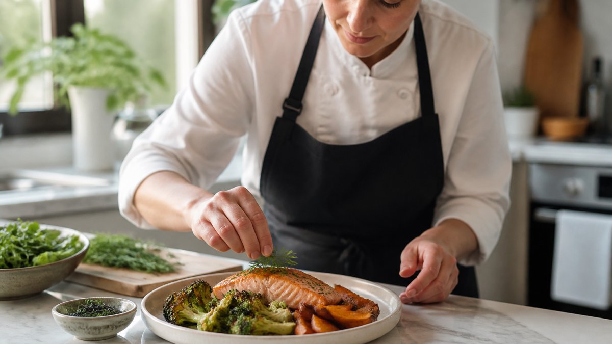 Chef plating a colorful salmon and vegetable dinner to help reduce systemic inflammation in a bright kitchen