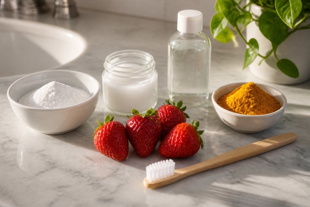 Close-up of natural ingredients arranged on a light marble bathroom counter: a white ceramic bowl of baking soda, a small glass jar of coconut oil, fresh red strawberries, golden turmeric powder in a small dish, a bottle of hydrogen peroxide, and a soft-bristled toothbrush, with warm morning sunlight streaming across the surface