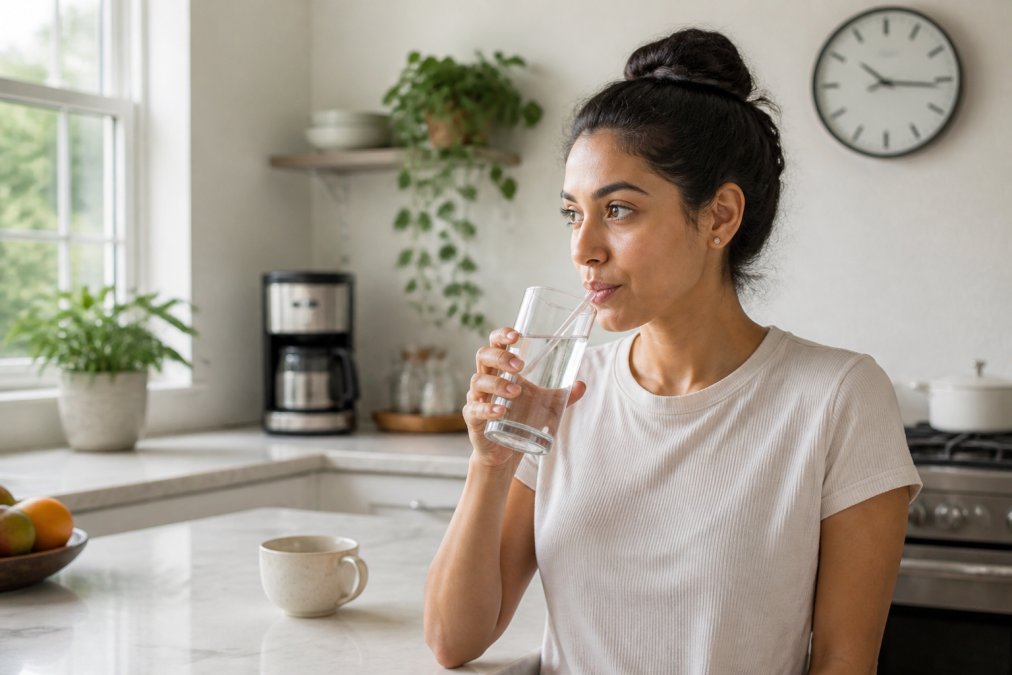 Person holding a clear glass of water with a straw, drinking after finishing a cup of coffee on a bright kitchen counter, with a clock showing morning time in the background