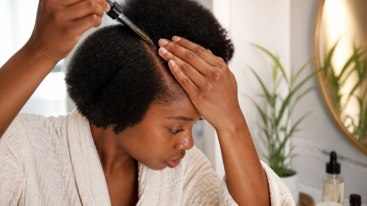Close-up of a woman with 4c coily hair parting her hair to apply rosemary oil to her scalp with a dropper, seated at a bathroom vanity in warm natural light