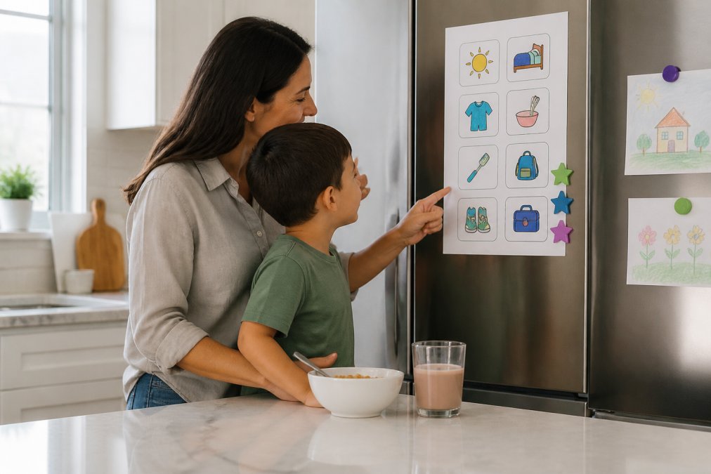 Parent and child using a visual morning routine chart to support executive function skills in the kitchen.