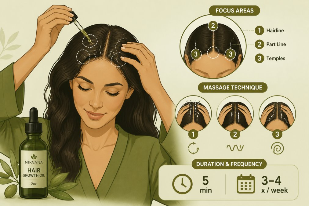 Woman applying hair growth oil to scalp with fingertips during a home scalp massage, showing gentle massage technique with focus on the hairline and roots