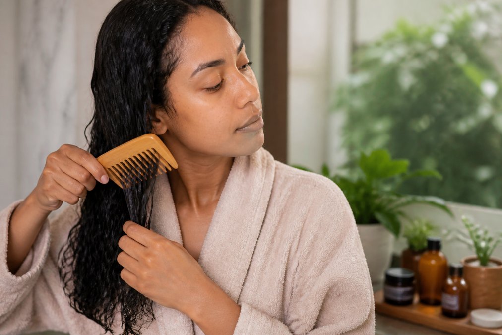 Woman using a wide-tooth comb on damp hair, demonstrating gentle detangling without breakage, with soft natural lighting