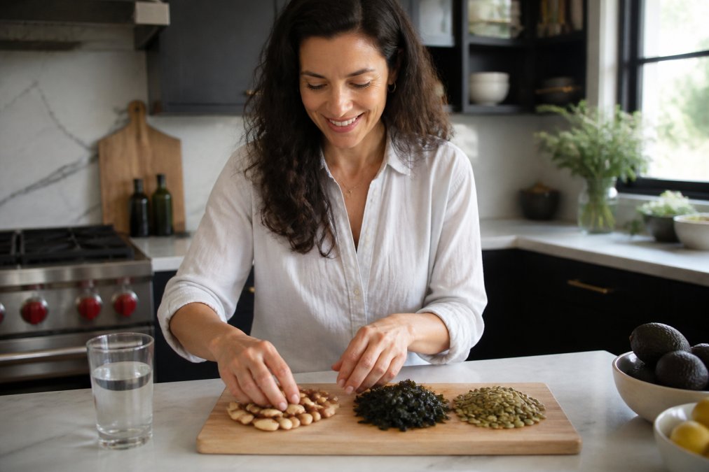 A woman in a bright kitchen arranging Brazil nuts, seaweed, and pumpkin seeds on a wooden cutting board, with a glass of water nearby