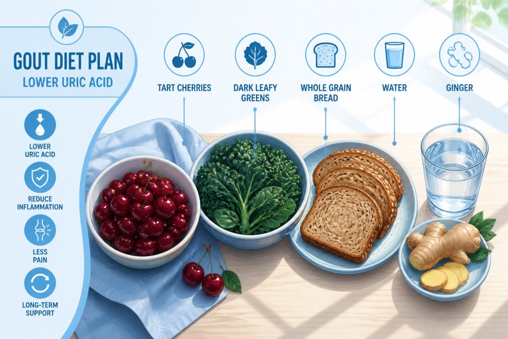 Overhead shot of a healthy meal spread on a wooden kitchen table featuring a bowl of fresh tart cherries, dark leafy greens, whole grain bread, a glass of water, and sliced ginger root, natural daylight from a window