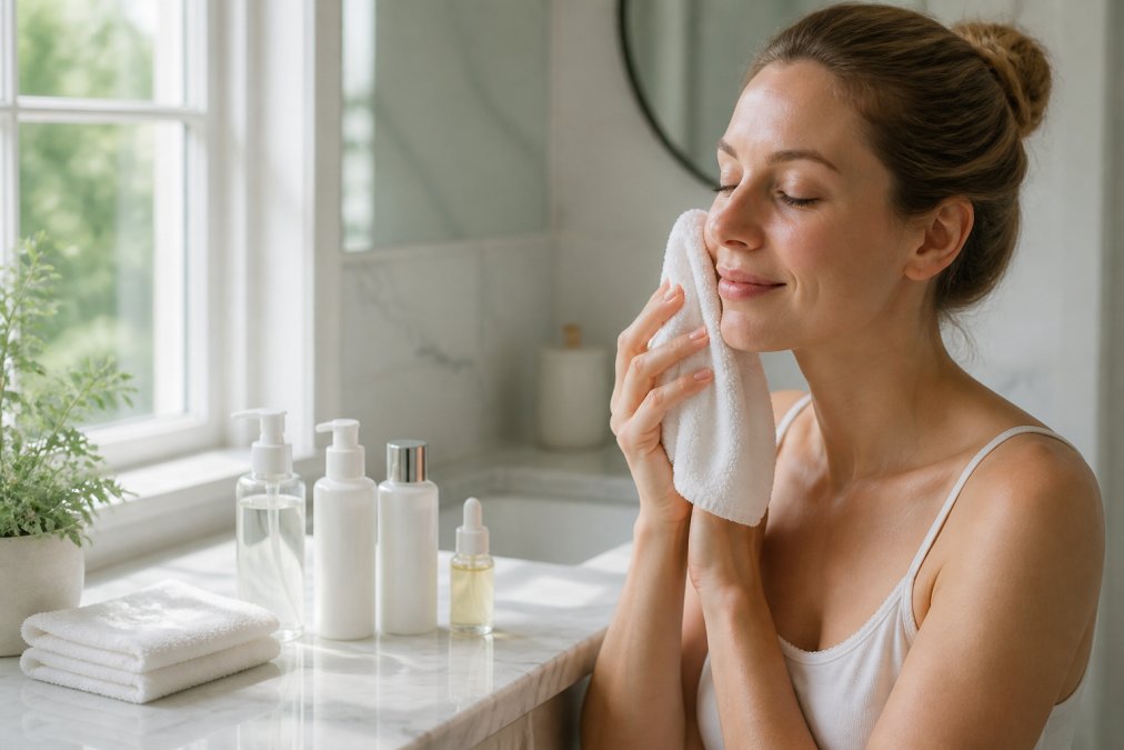 A woman with sensitive skin gently pressing a soft white facial towel to her cheek in a bright bathroom, skincare bottles and a folded towel on the marble counter, soft morning light through a window