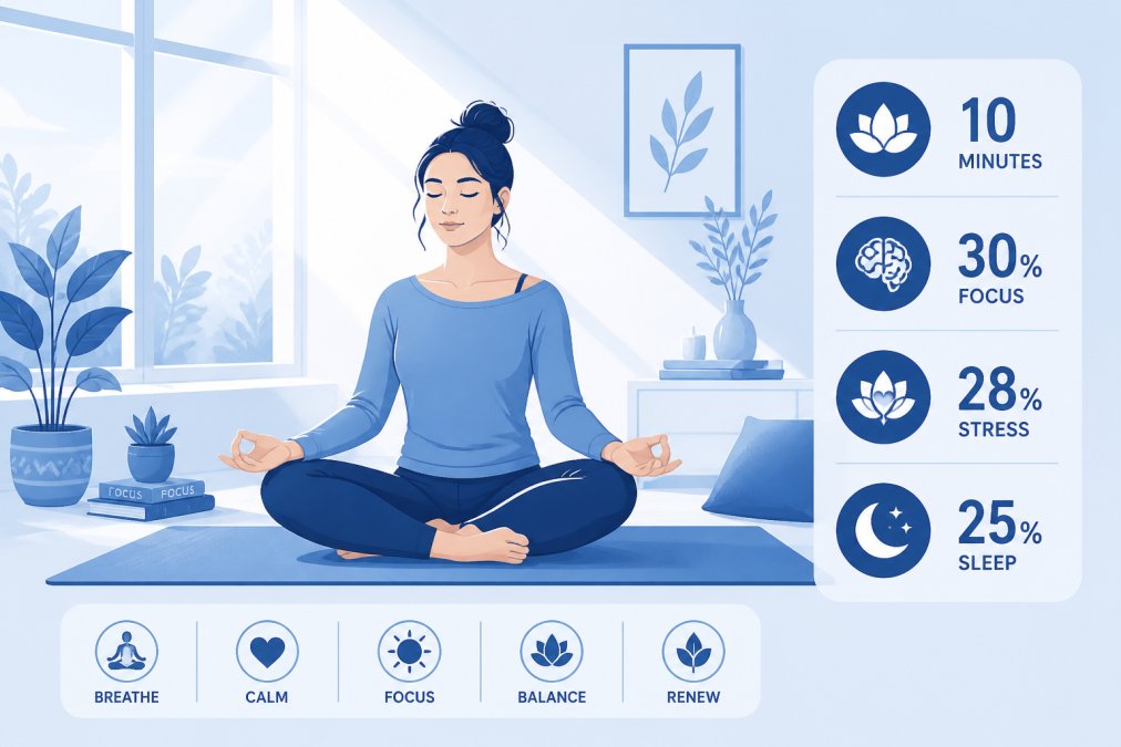 Woman in peaceful yoga pose on a mat by a window with natural light streaming in, eyes closed in meditation, showing calm mindfulness practice at home