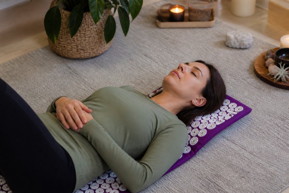 Person laying on acupressure mat with eyes closed in relaxed state, demonstrating natural wellness practice at home with soft lighting