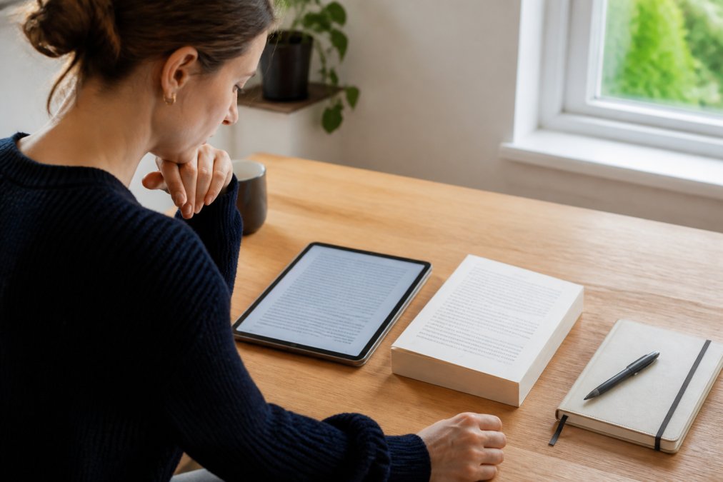 A person sitting at a wooden desk comparing a tablet displaying an ebook with a printed book beside it, notebook and pen nearby, soft natural light from a window