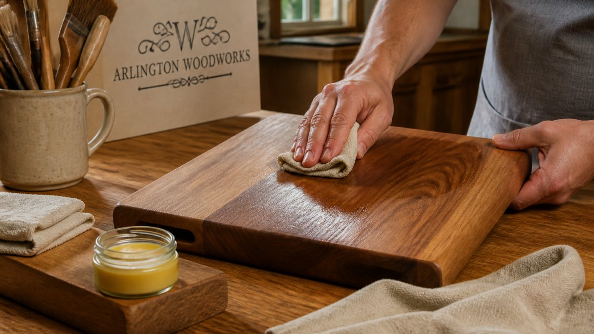 Close-up of hands applying wood balm to a wooden cutting board with a soft cloth, warm kitchen lighting, rich grain and natural sheen emerging