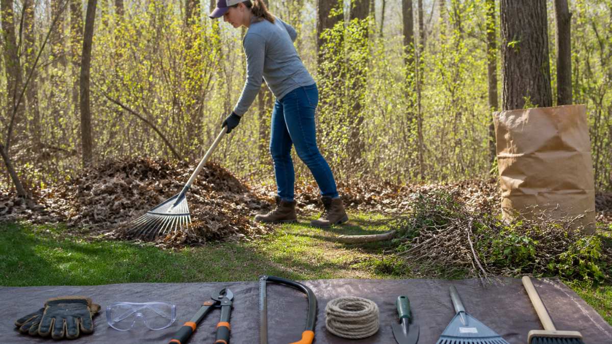 Person raking leaves and clearing brush as part of a natural yard treatment in a sunny residential backyard.