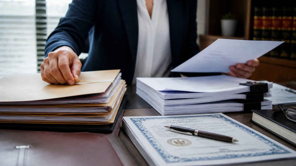 Professional organizing court documents and legal paperwork for naturalization criminal records on a desk