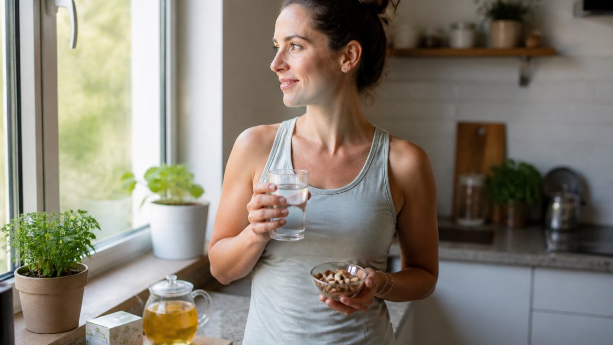 A woman in her 30s standing by a bright kitchen window, holding a glass of water and a small bowl of nuts, with a herbal tea box on the counter nearby