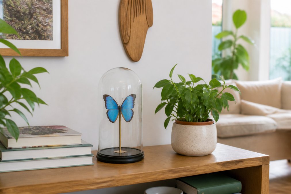 Blue Morpho butterfly in a glass dome displayed as nature art on a wooden shelf in a bright Australian living room
