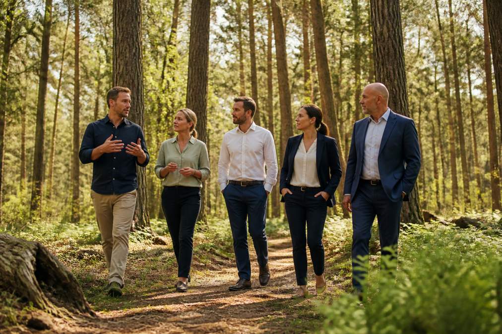 Small group of business professionals walking together through a forest landscape engaged in conversation, appearing calm and focused, dappled sunlight through trees