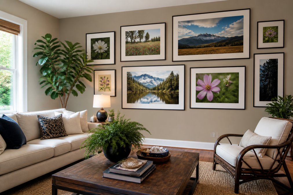 Gallery wall featuring nature-inspired art alternatives, including landscape paintings and floral photography.
