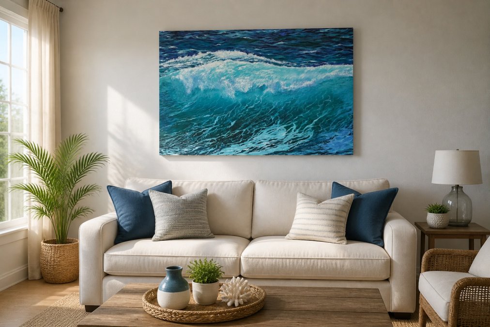 Modern living room with a large ocean wave canvas print hanging above a neutral sofa, natural light streaming through windows, with coastal decor accessories and potted plants on side tables